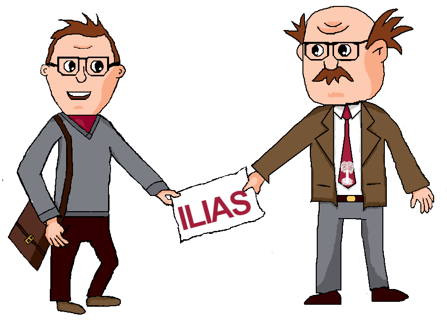 Dekobild: Dozent übergibt Studenten einen Zettel mit der Aufschrift "ILIAS"